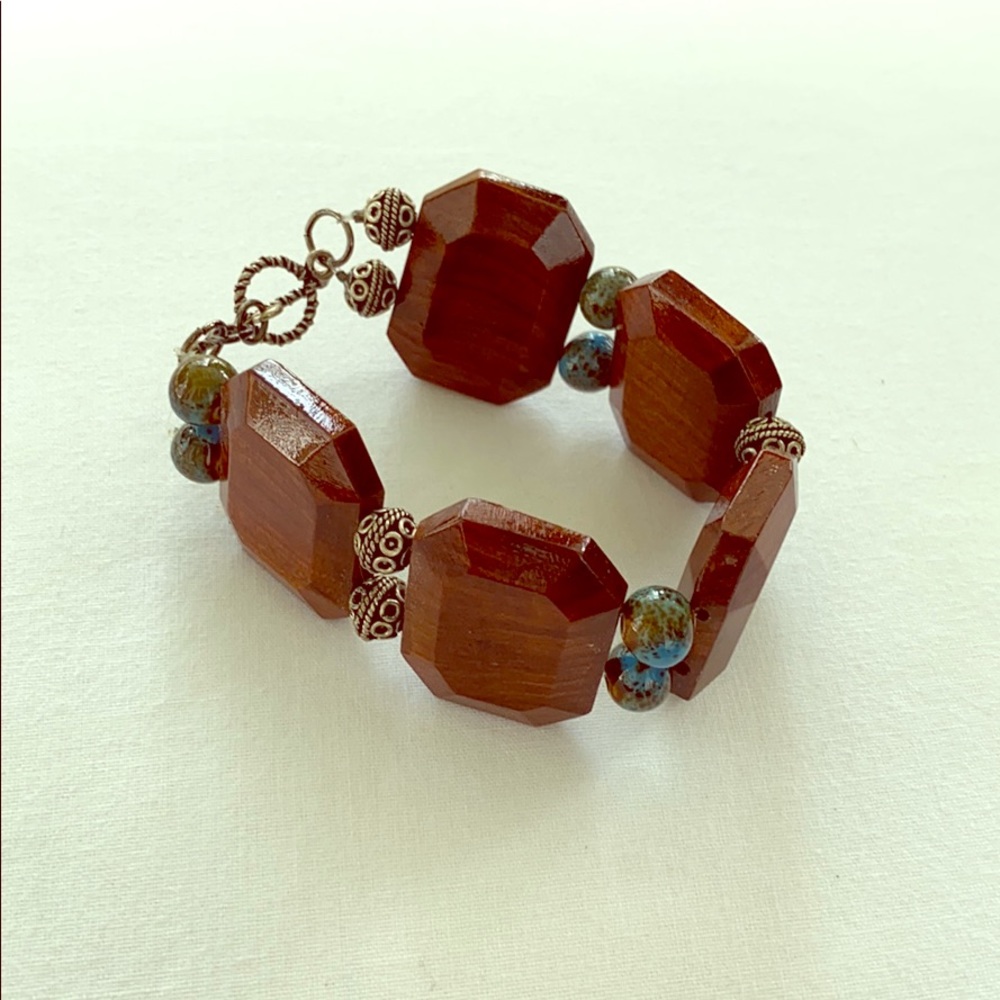 Wooden Bracelet with Blue and Silver Beads & Clasp